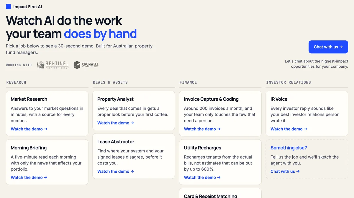 Preview of the AI agents page: demos for research, deals, finance and investor relations